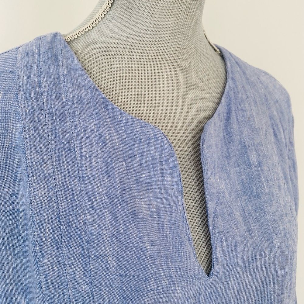 J. Jill Love Linen Blue Dress Bell Sleeves Deep Slid Front sz L Natural Coastal - Picture 6 of 11